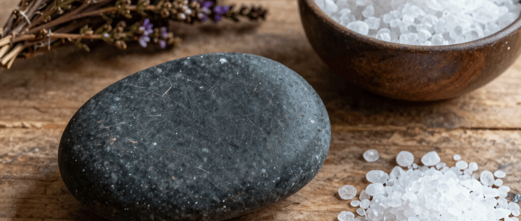 A relaxing spa set with a black massage stone, sea salt, and purple lavender on a rustic wooden table.