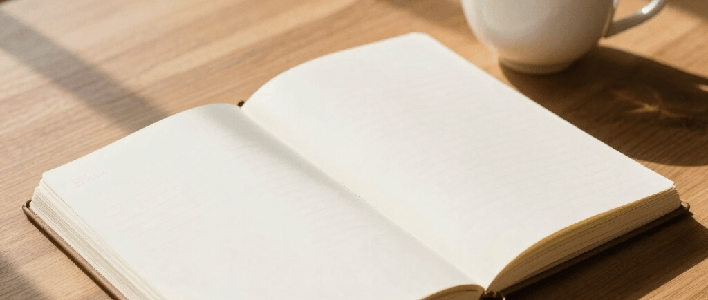 An open blank notebook and a steaming cup of tea on a wooden desk in sunlight.
