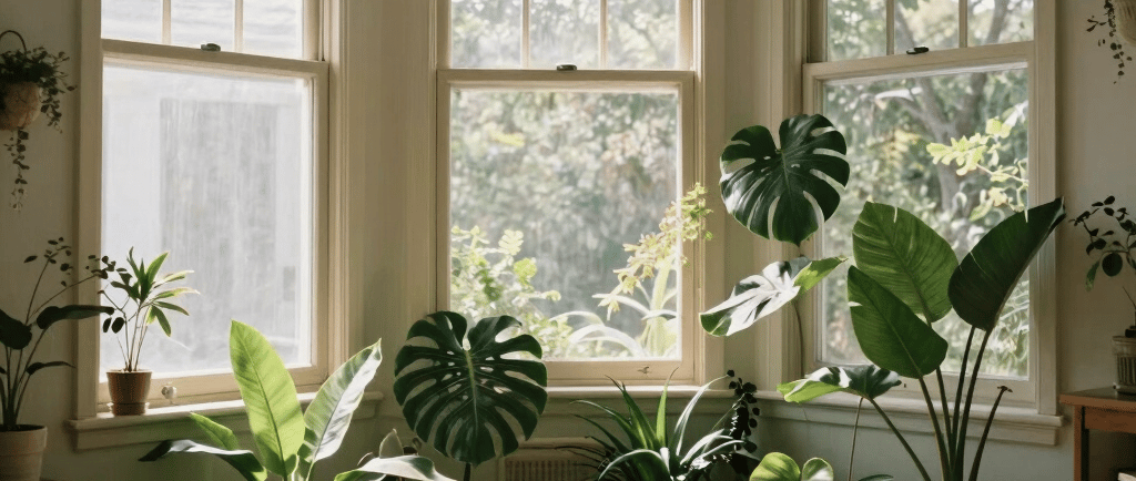 Sunlit indoor garden featuring monstera and tropical houseplants in a bright bay window corner.