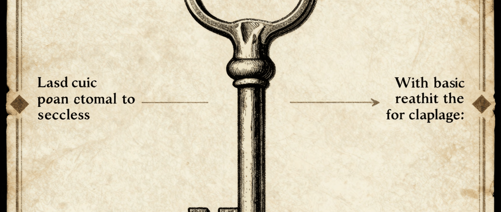 Vintage skeleton key illustration on aged parchment with cryptic fantasy diagrams and text.