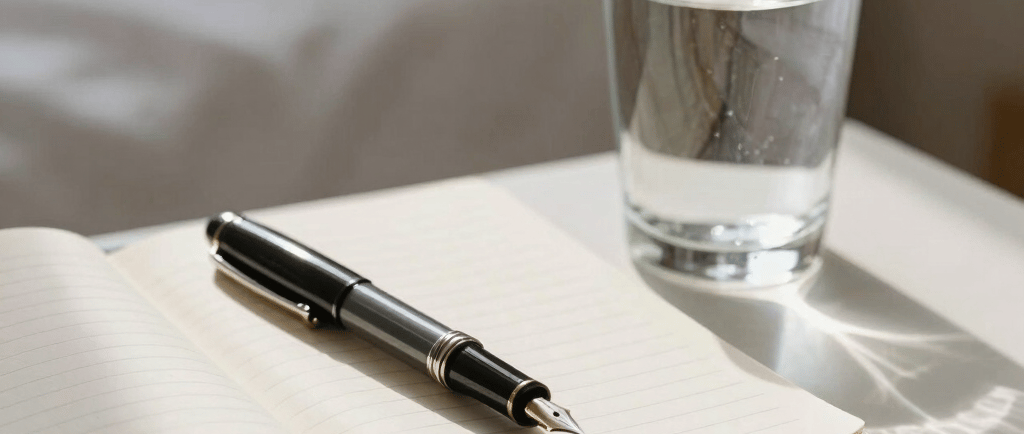 A black fountain pen on an open notebook next to a glass of water on a white bedside table.