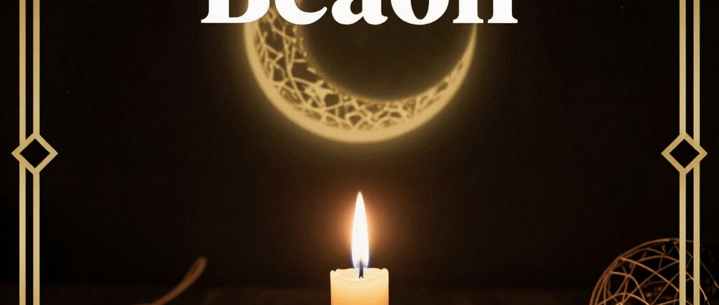 A glowing candle and crescent moon illustration with spiritual aura text in a gold frame.