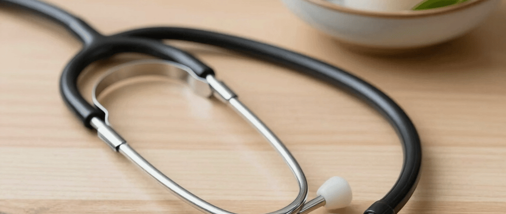 A black stethoscope on a wooden table next to a lit candle for holistic healthcare and wellness.