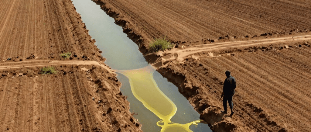 A man stands near an irrigation canal with yellow runoff flowing through a rural farm field.