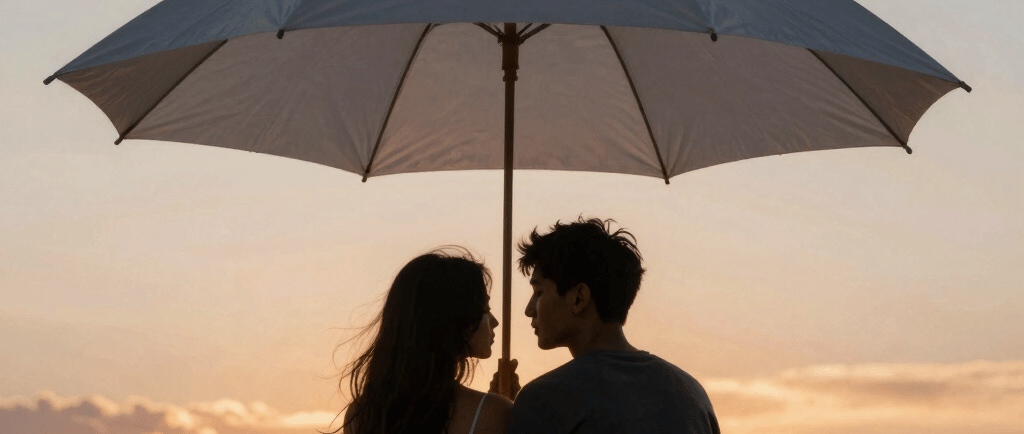 A couple sits under a large umbrella at sunset on a beach, representing a spiritual living shield.