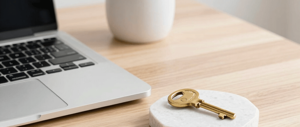 A vintage gold skeleton key rests on a white marble coaster on a modern wooden desk near a laptop.