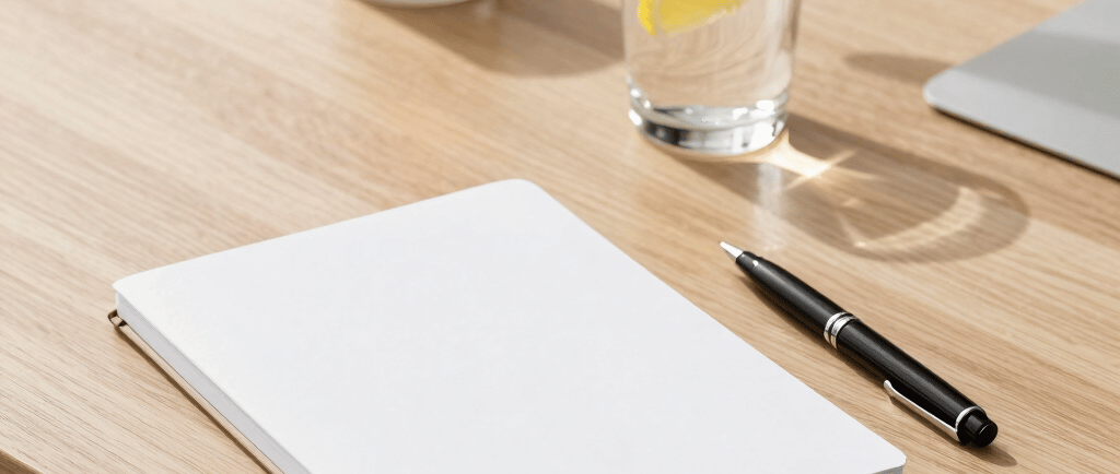 A blank notepad and pen on a wooden desk with a candle and lemon water.