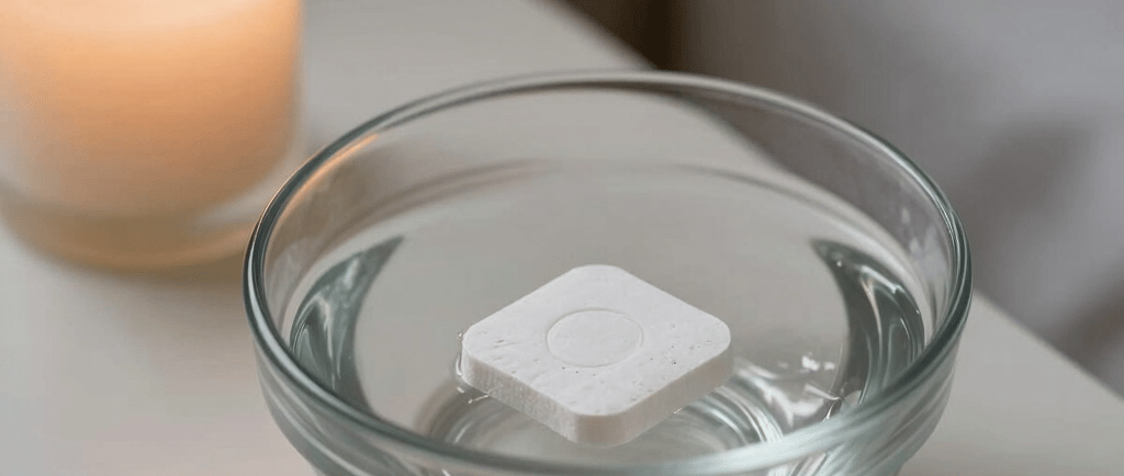 A white square aromatherapy shower steamer tablet floating in a clear glass bowl of water next to a candle.