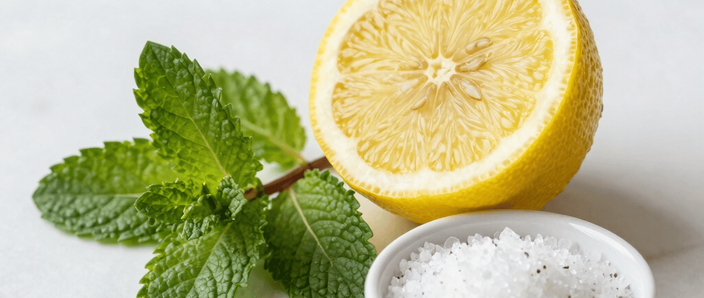 Fresh lemon half with green mint leaves and a small bowl of white sea salt on a marble surface.