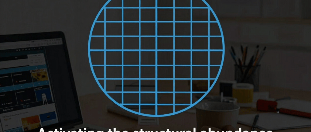 Spatial calibration graphic featuring a blue grid overlay on a laptop workspace with text about structural abundance.