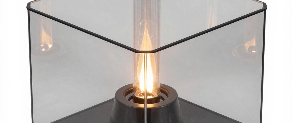 Modern square glass fire pit lantern with a central flame and minimalist black base for outdoor decor.