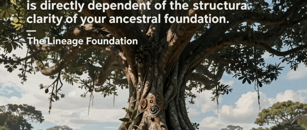 A large ancient tree with deep roots and a leadership quote from The Lineage Foundation.