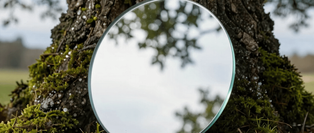 Round mirror reflecting tree leaves leaning against a mossy oak tree trunk in nature.