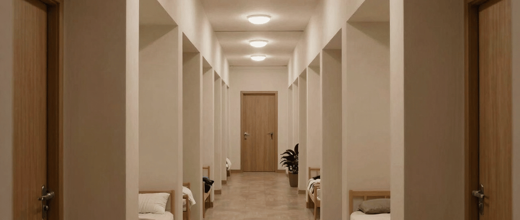 Modern minimalist dormitory hallway with wooden bunk beds in alcoves and neutral decor.