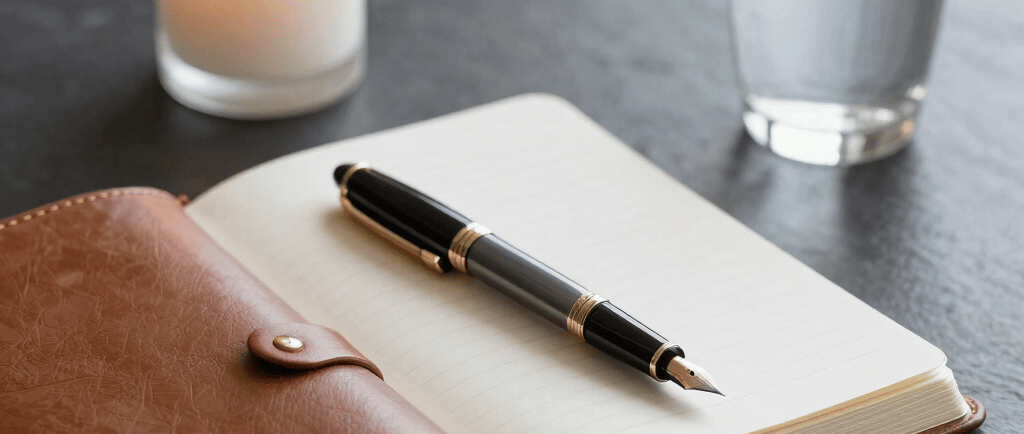 A fountain pen resting on an open leather journal next to a lit candle and a glass of water.