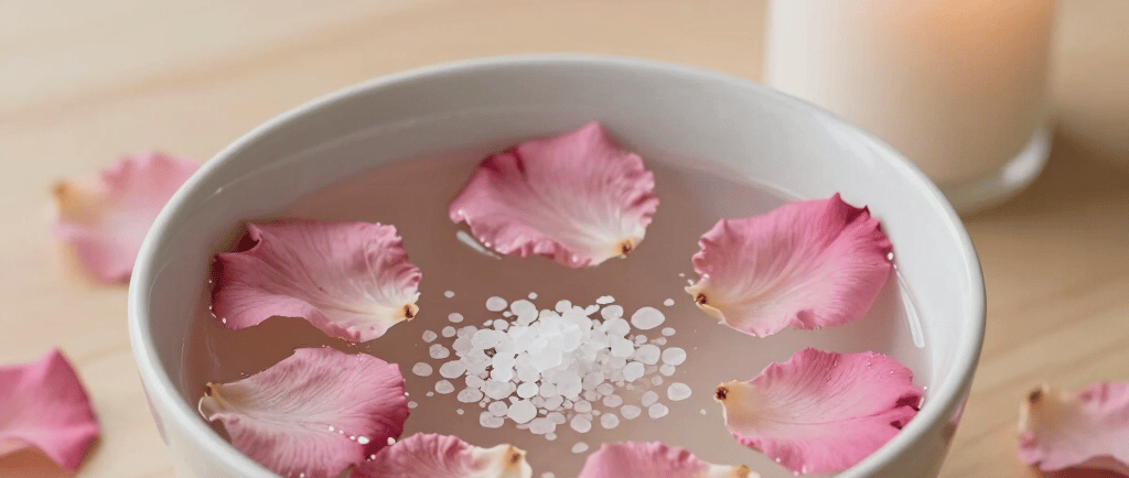A relaxing spa bowl with pink rose petals and bath salts next to a lit white candle.