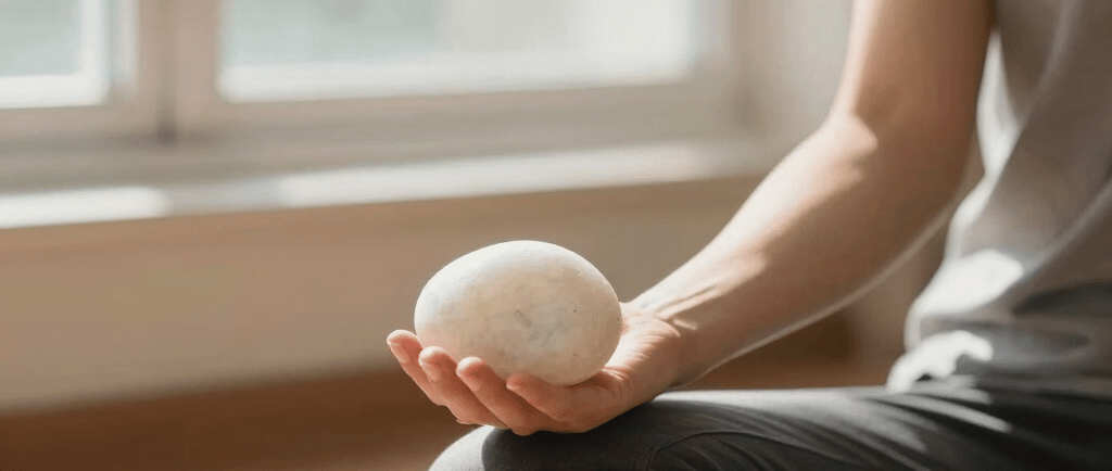 A person practicing mindful meditation holding a smooth white stone in their hand on a yoga mat.
