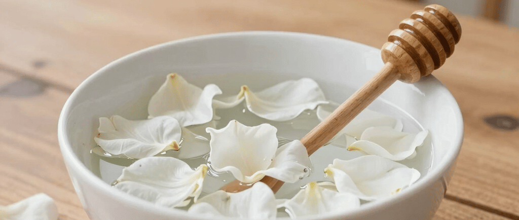 White rose petals floating in a bowl of water with a wooden honey dipper on a rustic table.