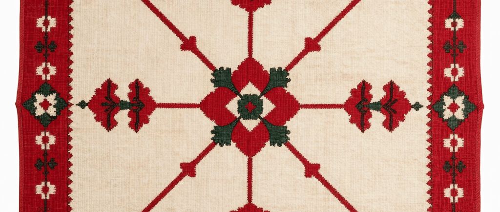 Handcrafted vintage quilt featuring red and green floral embroidery on a cream background.