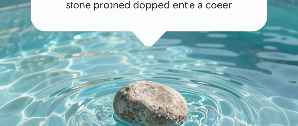 A smooth stone creates ripples in blue water with a spiritual recalibration quote overlay.