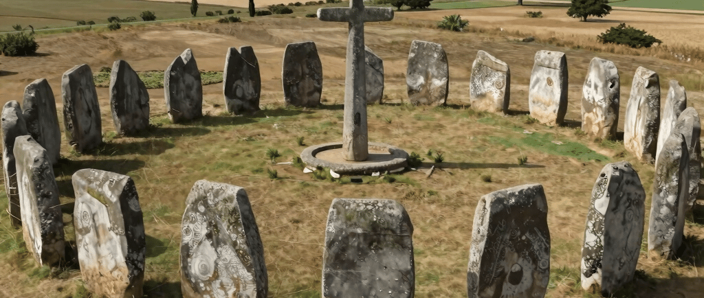 Ancient stone circle monument with a central stone cross standing in a rural field under a blue sky.