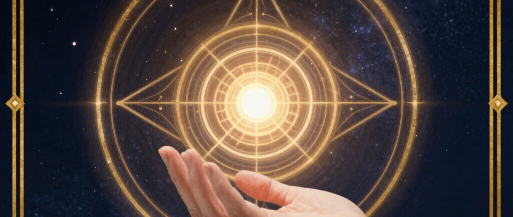 A hand cradling a glowing spiritual energy circle and geometric symbols for active triage and auric healing.