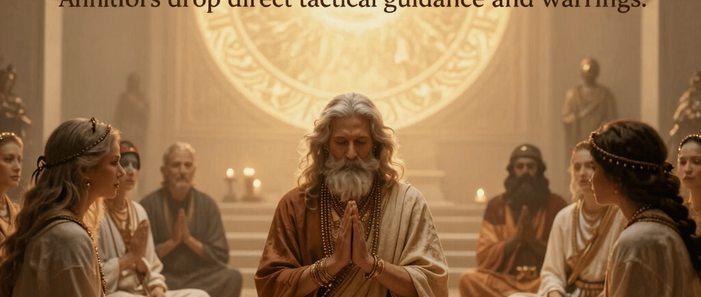 Spiritual meditation circle with a bearded elder guide leading a group session in a mystical dream threshold court.