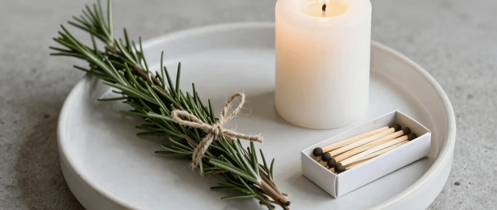 A lit white pillar candle on a ceramic tray with a bundle of fresh rosemary and a box of matches.