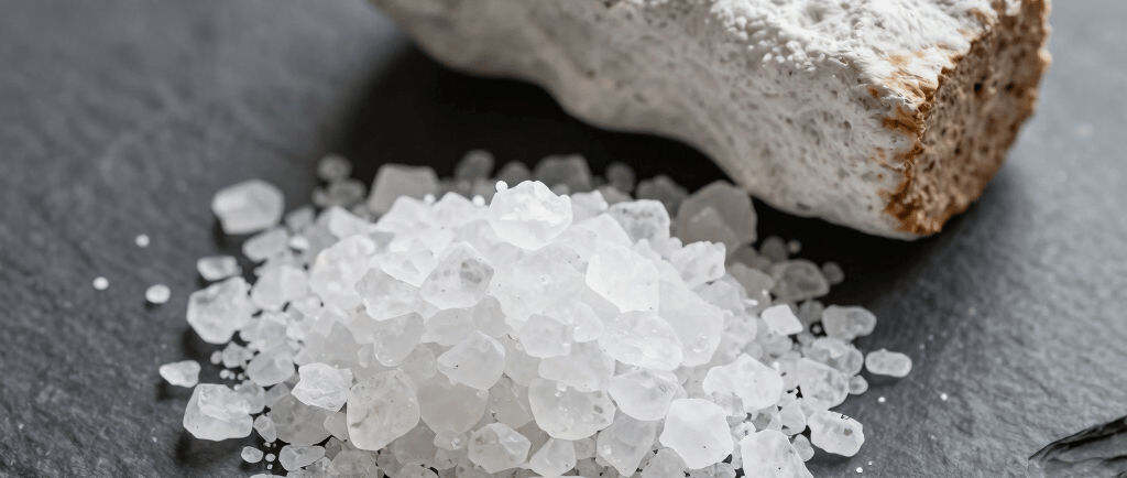 Coarse sea salt crystals piled on a black slate tray next to a natural sea sponge.