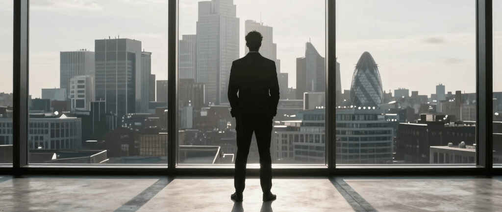 Silhouette of a businessman in a suit looking out a large window at the London city skyline during sunset.
