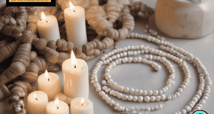 White candles and traditional African prayer beads arranged for a spiritual ritual.