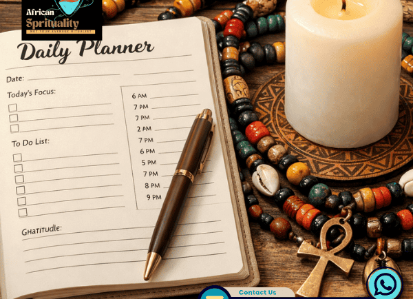 Spiral bound daily planner notebook with a pen next to a candle and colorful African beads.