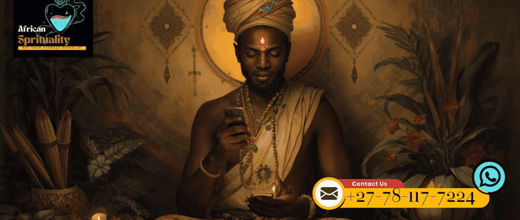 Spiritual African healer in traditional attire using a smartphone for modern ritual consultations.