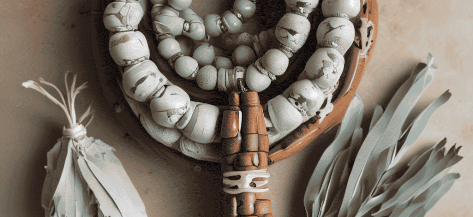 White African prayer beads and sage smudge sticks for spiritual cleansing rituals and healing.