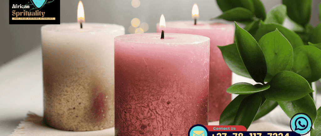 Lit pink and white pillar candles for African spirituality rituals and meditation.