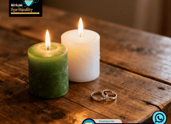 Two lit ritual candles and silver wedding rings on a wooden table for spiritual love spells.