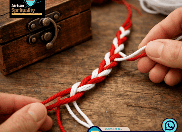 Hands braiding red and white spiritual protection cords on a rustic wooden table.