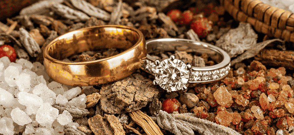 Gold and diamond wedding rings resting on sacred African herbs and ritual salts for spiritual marriage blessings.