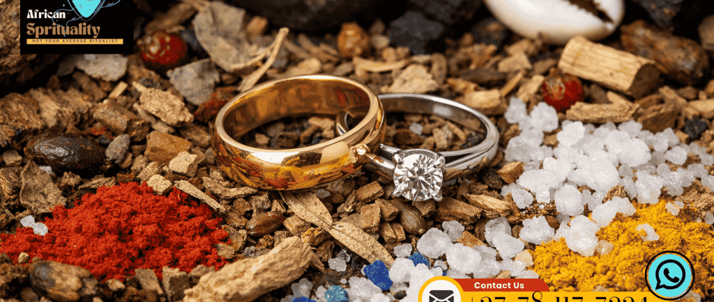 Gold wedding band and diamond engagement ring resting on traditional ritual herbs and colorful salts.