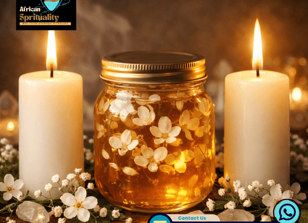 Healing ritual candles and a glass jar with golden liquid and flowers for African spirituality.