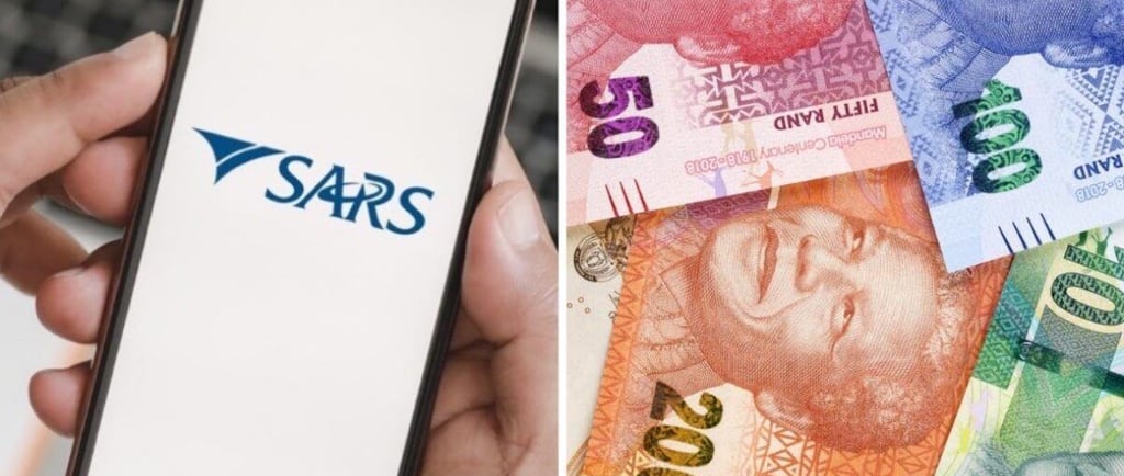 A smartphone displaying the SARS logo next to South African Rand banknotes for tax and finance concepts.