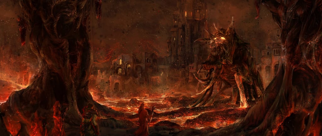 a hellscape image with adventurers walking over the burned pathway