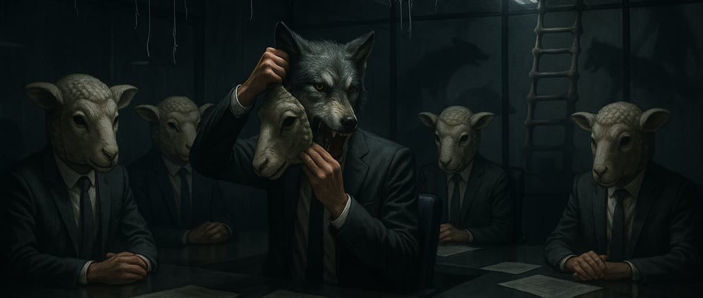 Dark cinematic boardroom scene — a lone sheep in a suit among wolves in power suits. Corporate thriller full of tension
