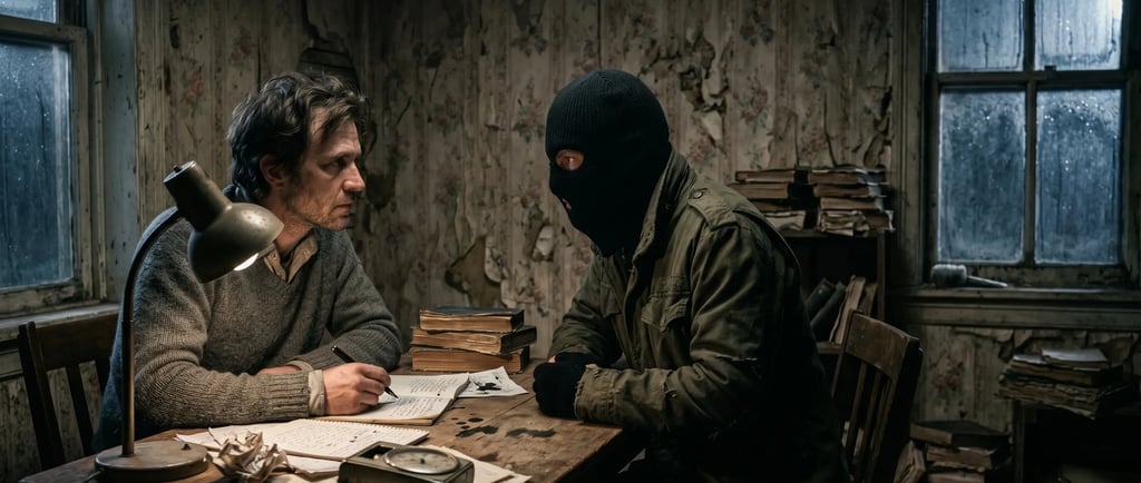 A man in a dim room writes as a person in a black ski mask watches him across a desk.
