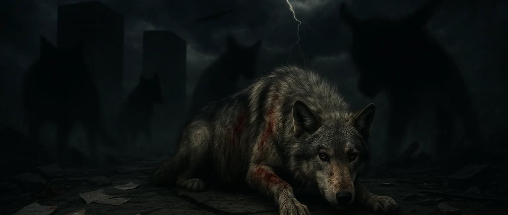 Lone wolf skulks wounded on corporate wasteland, broken path strewn with discarded sacrifices, circling shadows and stormy sk