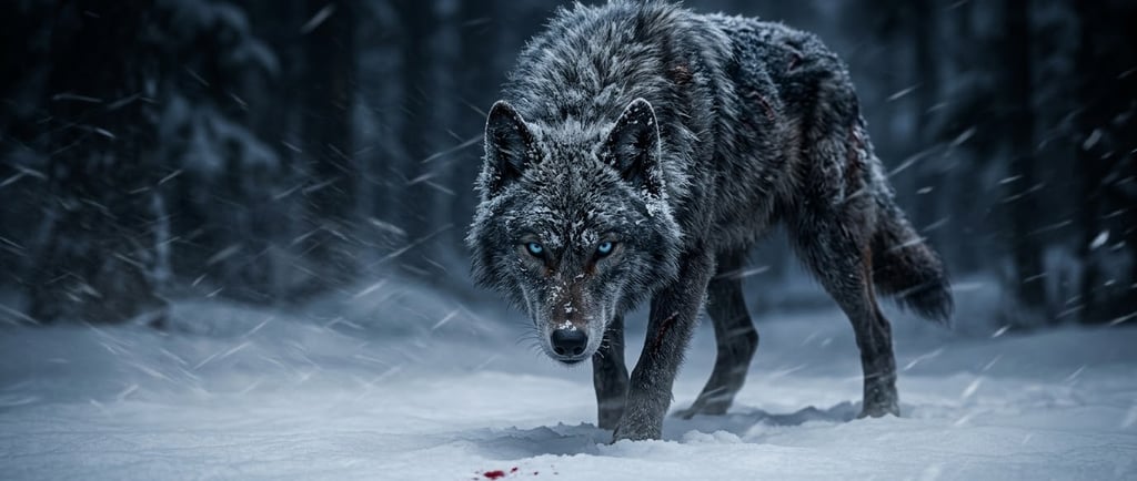 A gray wolf with blue eyes walking through a snowy forest during a winter blizzard.