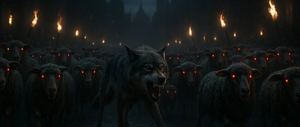 a wolf dog is walking through a herd of sheep