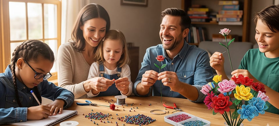 happy family at table making french beaded flowers