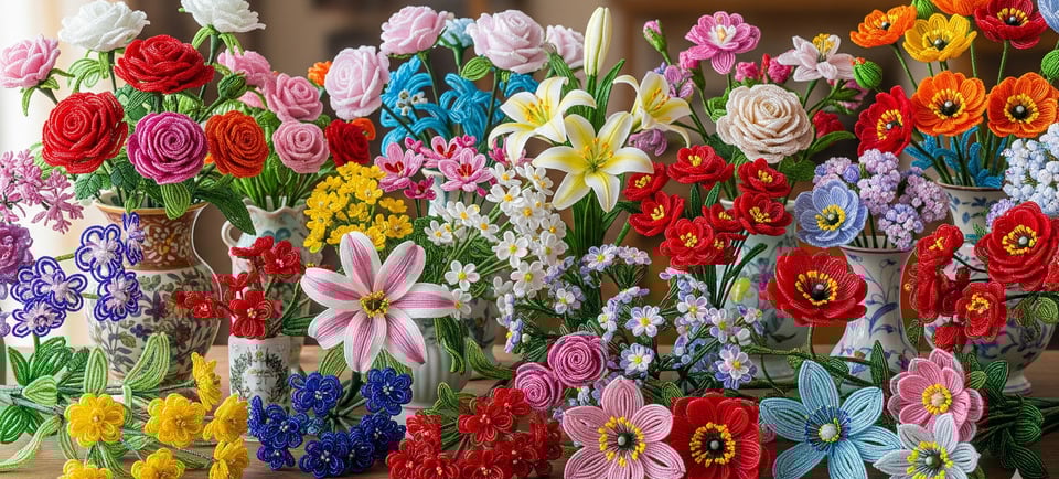 colorful display of french beaded flowers