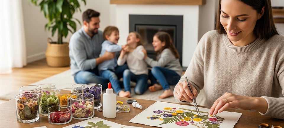 woman making pressed flower art with family in background
